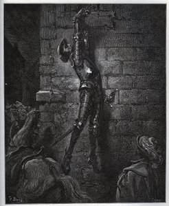 Don Quijote fanget av gjestgiverens datter og Maritornes, forblir hengt opp fra et vindu. - fra «Don Quixote de la Mancha» av Miguel Cervantes (1547-1616) (Don Quixote) - Tresnitt etter tegning av Gustave Dore av Gustave Dore