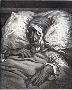 Don Quijote såret - fra "Don Quixote de la Mancha" av Miguel Cervantes (1547-1616) (Don Quixote) - Tresnitt etter tegning av Gustave Dore av Gustave Dore
