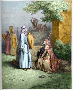 Eliezer and Rebekah - Eliezer, the servant of Abraham, is offered a drink of water by Rebekah - Eliezer and Rebecca - engraving in “The Bible illustree” by Gustave Dore (1832-1883) - Engraving from “” The Dore Bible”” av Gustave Dore
