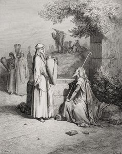 Eliezer og Rebekka, 1. Mosebok 24:15-21, illustrasjon fra Dores 