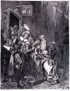 Gå inn i dette gjestgiveriet, plate IV - Illustrasjon av Gustave Dore (1832-1883), for La legende du Jeif wandering av Pierre Dupont, utgave Librairie du magasin picturesque, Paris 1862 av Gustave Dore