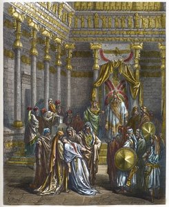 Ester besvimer for kongen av Persia Assuerus 1. (Xerxes 1.) - Dronning Ester besvimer foran kong Ahasverus - - gravering i "The Bible illustree" av Gustave Dore (1832-1883) - Gravering fra "" The Dore Bible"" av Gustave Dore