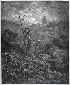 Første tilsynekomst av Deguenille-de-la-Malaise-gruven - fra "" Don Quixote de la Mancha"" av Miguel Cervantes (1547-1616) (Don Quixote) - Tresnitt etter tegning av Gustave Dore av Gustave Dore