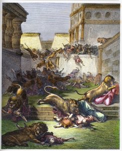 Foreigners devoured by lions in Samaria - Old Testament. People devoured by lions in Samaria - engraving in “The Bible illustree” by Gustave Dore (1832-1883) - Engraving from “” The Dore Bible”” av Gustave Dore