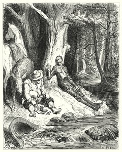 Gustave Dores Don Quixote: "En klar fontene, som Don Quixote og Sancho fant blant noen grønne trær, tjente til å forfriske dem" (gravering) av Gustave Dore