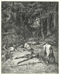 Gustave Dores Don Quijote: "En eng, vannet med en bekk, inviterte dem til å gå av" (gravering) av Gustave Dore