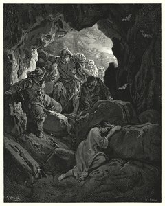 Gustave Dores Don Quijote: "En fest med offiserer sendes ut ... som finner den stakkars glade Leandra i en hule i et av fjellene" (gravering) av Gustave Dore