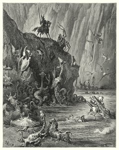 Gustave Dores Don Quijote: "En vidstrakt innsjø med kokende bek, der en uendelig mengde hissige og forferdelige skapninger beveger seg fram og tilbake" (gravering) av Gustave Dore