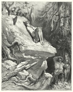 Gustave Dores Don Quijote: "Akk!" svarte Sancho, "Jeg fant ham i skjorten hans, mager, blek og nesten sulten, og sukket etter sin Lady Dulcinea" (gravering) av Gustave Dore