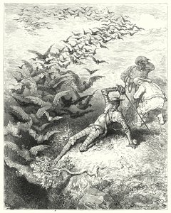 Gustave Dores Don Quijote: "Et uendelig antall overgrodde kråker og daws kom susende og flagrende ut av hulen" (gravering) av Gustave Dore
