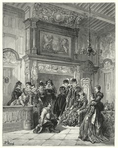 Gustave Dores Don Quijote: "På hertuginnens anmodning fortalte han hele passasjen av den sene forestilte fortryllelsen veldig trofast" (gravering) av Gustave Dore