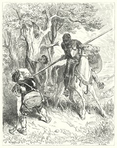 Gustave Dores Don Quijote: "Ved solen som skinner, jeg har et godt sinn til å kjøre deg gjennom kroppen med lansen" (gravering) av Gustave Dore