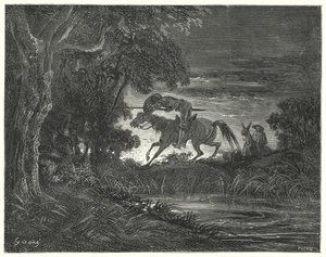 Gustave Dores Don Quijote: "Don Quixote, akkompagnert av hans uforferdede hjerte, hoppet på Rozinante" (gravering) av Gustave Dore