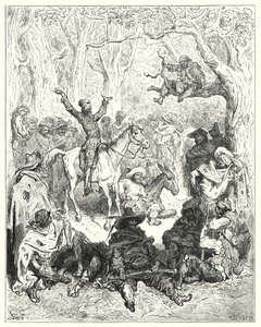 Gustave Dores Don Quijote: "Don Quijote, montert på Rozinante, erklærer veldig rikelig mot deres levemåte" (gravering) av Gustave Dore