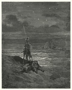 Gustave Dores Don Quijote: "Don Quijote ble der og ventet på dagens nærmer" (gravering) av Gustave Dore
