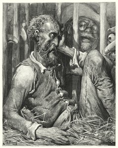 Gustave Dores Don Quijote: "Don Quijote var ikke så mye overrasket over hans fortryllelse som over måten den ble gjort på" (gravering) av Gustave Dore