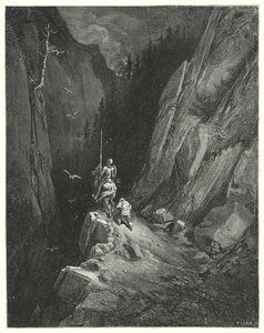 Gustave Dores Don Quijote: "Don Quijote ble transportert med glede for å finne seg selv hvor han kunne smigre sin ambisjon med håp om nye eventyr" (gravering) av Gustave Dore