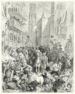 Gustave Dores Don Quijote: "De innelukket ham i midten av brigaden deres, ledet ham mot byen" (gravering) av Gustave Dore