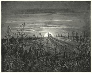 Gustave Dores Don Quijote: "Venn Sancho," sa Don Quijote, "Jeg finner ut at natten som nærmer seg vil innhente oss før vi kan nå Toboso" (gravering) av Gustave Dore