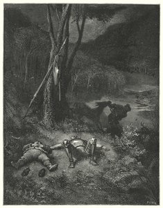 Gustave Dores Don Quixote: "Gines, som var en fremmed både for takknemlighet og menneskelighet, bestemte seg for å ri bort med Sanchos rumpa" (gravering) av Gustave Dore