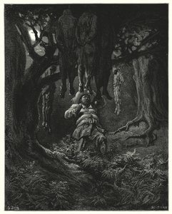 Gustave Dores Don Quijote: "Han ropte til Don Quixote om hjelp" (gravering) av Gustave Dore