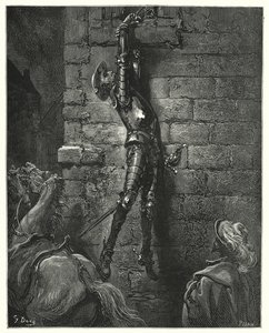 Gustave Dores Don Quijote: "Han hadde uunngåelig falt til bakken, hadde ikke håndleddet hans vært sikkert festet til tauet" (gravering) av Gustave Dore