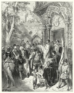 Gustave Dores Don Quijote: "Han kysset hertugen og hertuginnens hånd ved avskjed, og mottok sin herres velsignelse" (gravering) av Gustave Dore