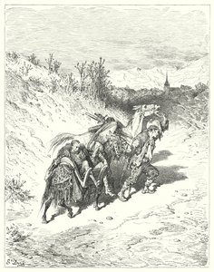 Gustave Dores Don Quijote: "Han førte dem alle mot landsbyen, og trasket en fot selv, veldig ettertenksom" (gravering) av Gustave Dore