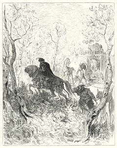 Gustave Dores Don Quijote: "Han postet seg rett før døren til buret" (gravering) av Gustave Dore