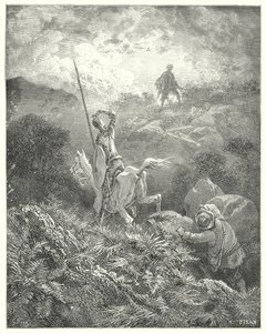 Gustave Dores Don Quijote: "Han spionerte på toppen av en steinete stein rett foran ham en mann som hoppet fra stein til stein med fantastisk smidighet" (gravering) av Gustave Dore