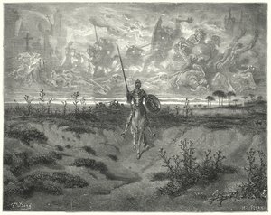 Gustave Dores Don Quijote: "Han reiste nesten hele den dagen" (gravering) av Gustave Dore