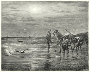 Gustave Dores Don Quijote: "'Her falt min lykke, for aldri å reise seg igjen'" (gravering) av Gustave Dore