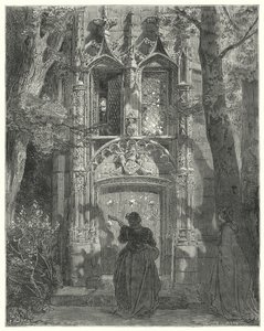 Gustave Dores Don Quijote: "Her endte den frierende damen sin sang" (gravering) av Gustave Dore