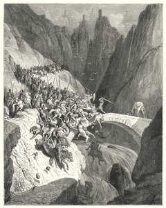 Gustave Dores Don Quixote: "Hvordan Don Diego Garcia med sin eneste styrke forsvarte passasjen av en bro mot en stor hær" (gravering) av Gustave Dore