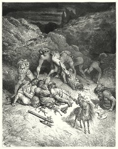Gustave Dores Don Quijote: "Hvordan Felixmarte kuttet av fem kjemper på midten" (gravering) av Gustave Dore