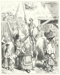 Gustave Dores Don Quijote: "Jeg har ingenting med alt dette å gjøre," ropte gjestgiveren; "betal din regning" (gravering) av Gustave Dore