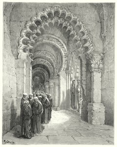 Gustave Dores Don Quijote: "Jeg så en sørgelig prosesjon av vakreste jenter, alt i svart" (gravering) av Gustave Dore