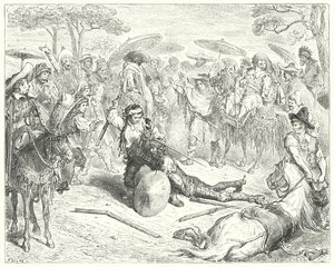 Gustave Dores Don Quijote: "Til tross for armene hans, banket han ham som en hvete-skjær" (gravering) av Gustave Dore