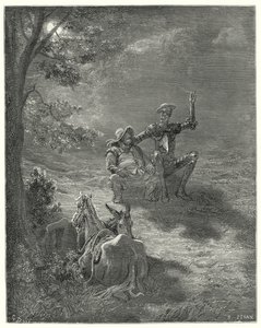 Gustave Dores Don Quijote: "I slike diskurser passerte de en stor del av natten" (gravering) av Gustave Dore