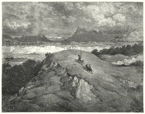 Gustave Dores Don Quixote: "Det var natt før våre to reisende kom til den mest ørkende delen av fjellet" (gravering) av Gustave Dore
