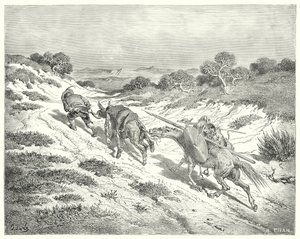 Gustave Dores Don Quijote: "Han ledet rumpa ved grimen, og tok den nærmeste veien han kunne gjette seg til den store veien" (gravering) av Gustave Dore