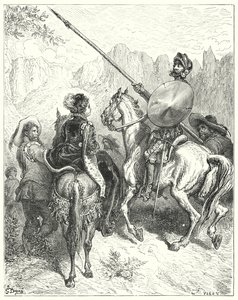 Gustave Dores Don Quijote: "Nå, dame," sa Don Quijote, "la meg be din storhet om å fortelle meg hvilken vei vi må gå, for å tjene deg" (gravering) av Gustave Dore