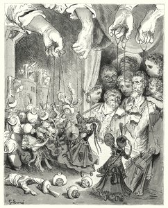 Gustave Dores Don Quijote: "Observer hvilket stort selskap av glitrende hester som strømmer ut av byen, på jakt etter de kristne elskere" (gravering) av Gustave Dore