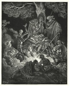Gustave Dores Don Quijote: "Å, lykkelig alder," ropte han, "som våre første foreldre kalte gullalderen!" (gravering) av Gustave Dore