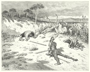 Gustave Dores Don Quijote: "Sancho, jeg har alltid hørt det sagt, at å gjøre en godhet mot klovner, er som å kaste vann i havet" (gravering) av Gustave Dore