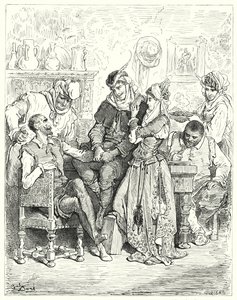 Gustave Dores Don Quijote: "Sancho og hans herre ble tre dager hos et ungt par, og ble underholdt som prinser" (gravering) av Gustave Dore