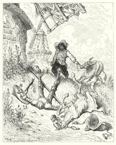 Gustave Dores Don Quixote: "Sancho løp så fort rumpa hans kunne drive, for å hjelpe sin herre" (gravering) av Gustave Dore
