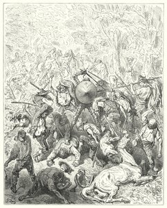 Gustave Dores Don Quijote: "Yangeserne tok seg til sine spaker og pakkestaver" (gravering) av Gustave Dore
