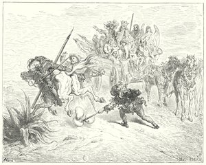 Gustave Dores Don Quijote: "Folken i stykket kom opp og sprang opp med morrisklokkene sine" (gravering) av Gustave Dore