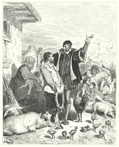 Gustave Dores Don Quijote: "Ridderen ga ham så mange rettferdige løfter at den stakkars tåpelige klovnen til slutt gikk med på å gå sammen med ham og bli hans godsmann" (gravering) av Gustave Dore